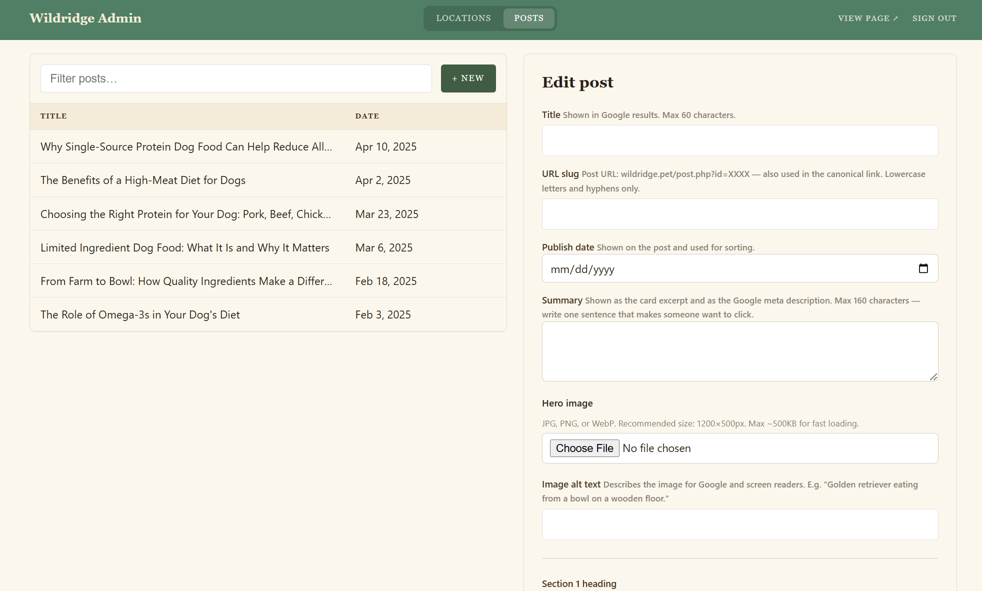 The owner-run admin: the structured Posts editor